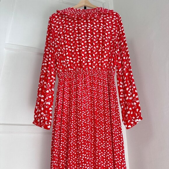 And Other Stories Frill Neck Red Love Heart L/S Midi Dress Paris Atelier, Size 6 - Picture 5 of 12
